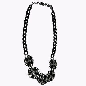 Elegant Black Gem Rhinestone Floral Chunky Statement Chain Necklace Jewelry